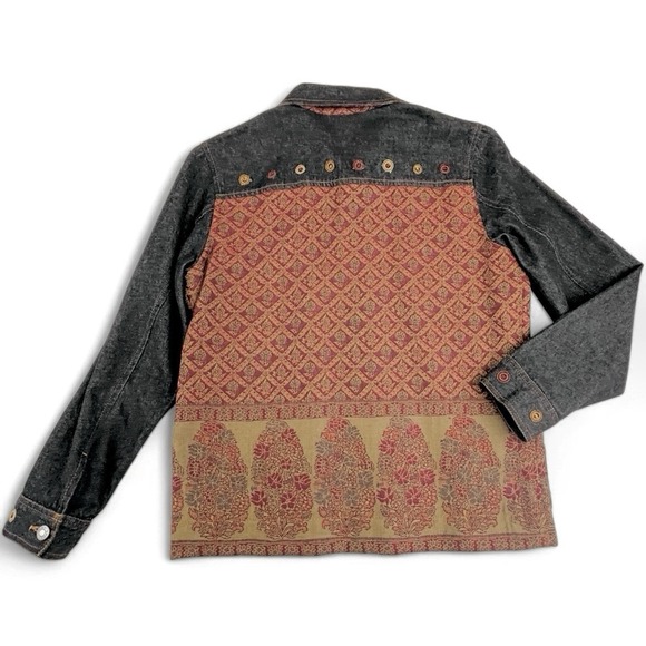 Chico's Denim Jean Jacket Womens‎ Sz 0 Small 4 Tapestry Black Burgundy Boho Wool - Picture 6 of 10